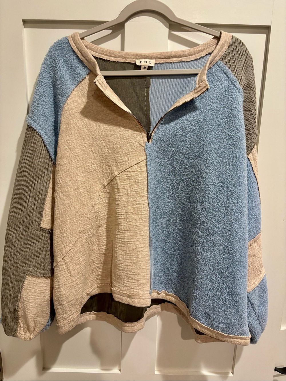 POL colorblock half-zip pullover in light blue, cream & gray